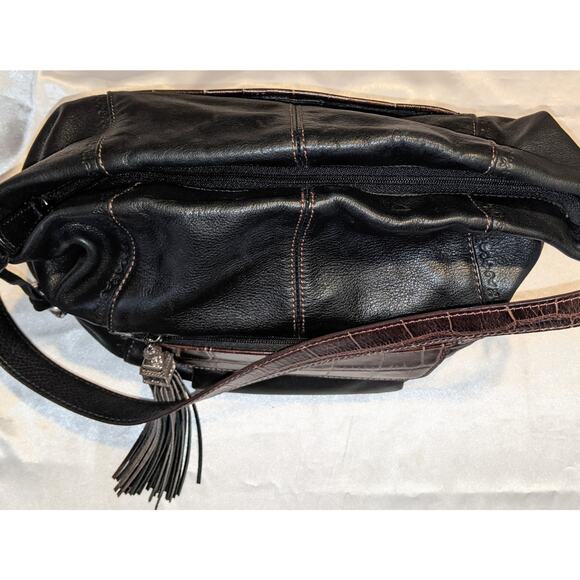 Vintage BRIGHTON Black & Brown Leather Shoulder Bag Handbag + Tassel & Bag Charm - Picture 7 of 13